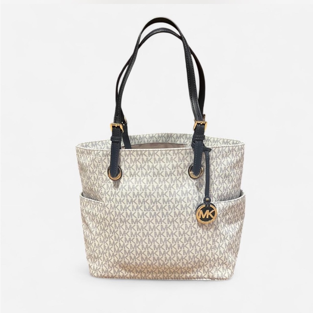 NWOT Michael Kors Navy & White Jet  Set Medium Travel MK Signature Tote